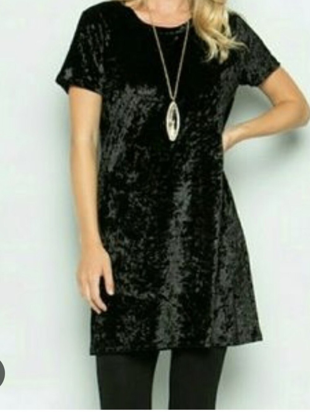 POL Black Crushed Velvet Short Sleeve Shift Mini Dress Large